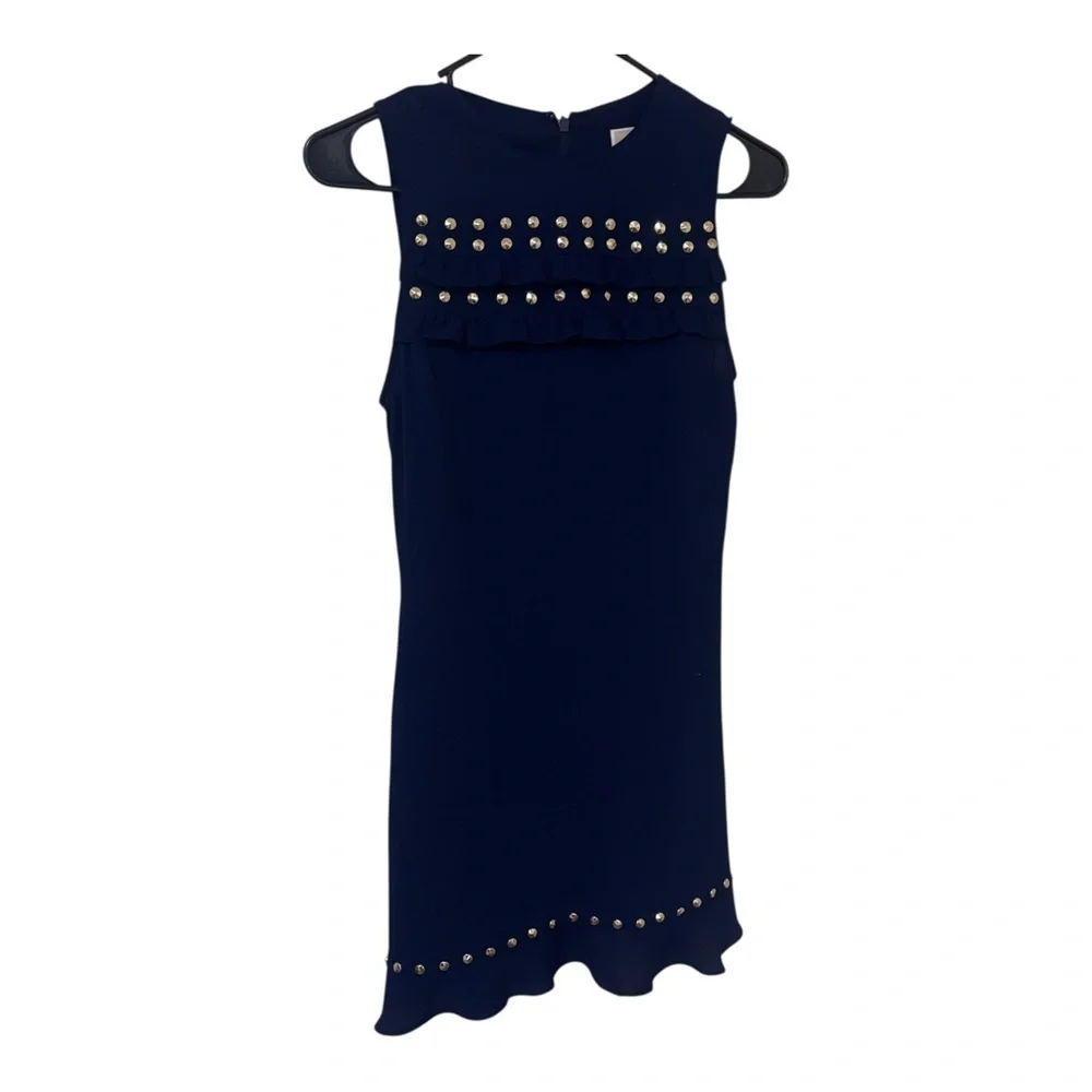 Michael Kors Navy Blue sleeveless crepe Dress with Gold stud Accents XS